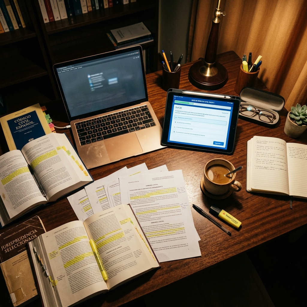 Mesa de estudio con documentos legales y tablet