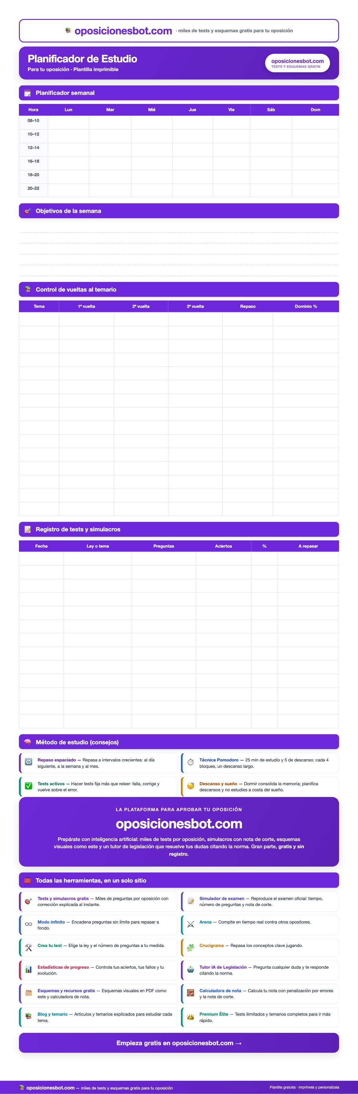 Vista previa del Planificador de Estudio para Oposiciones (PDF imprimible)
